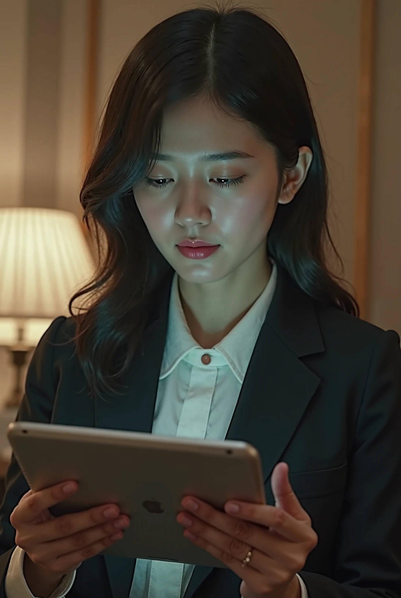 A lady in a suit using a tablet in her room, service, Seon Yun-joo, Stills from the live-action , Park Shin-hye as a supervillain, full device, using a magical tablet,  iu Lee Ji-eun as a supervillain , Side posture, [  realistic photo  ]!!, shin min jeong, Serious Things, Lazy, Elegant appearance