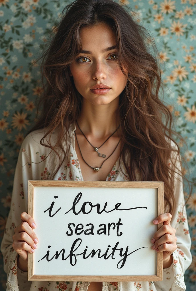 Beautiful girl with wavy long hair,Dressed in a bohemian style,Holding a whiteboard with the words "I Love SeaArt Infinity",and show the audience