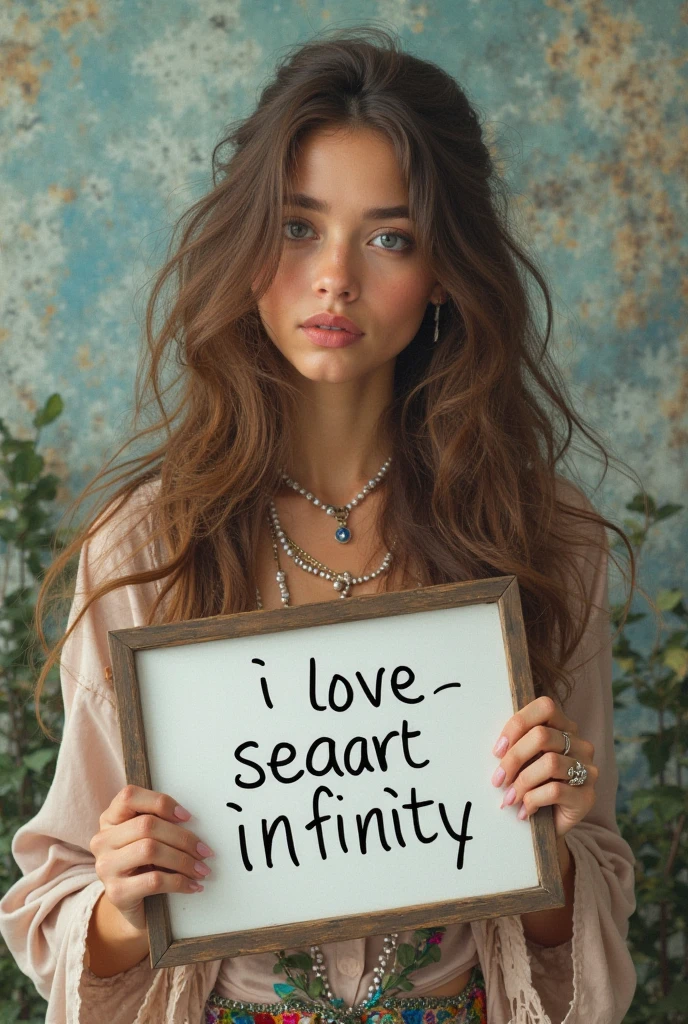 Beautiful girl with wavy long hair,Dressed in a bohemian style,Holding a whiteboard with the words "I Love SeaArt Infinity",and show the audience