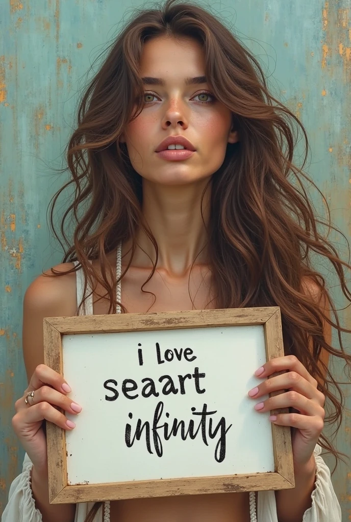 Beautiful girl with wavy long hair，Dressed in a bohemian style，Holding a whiteboard with the words &quot;I Love SeaArt Infinity&quot;，and show the audience