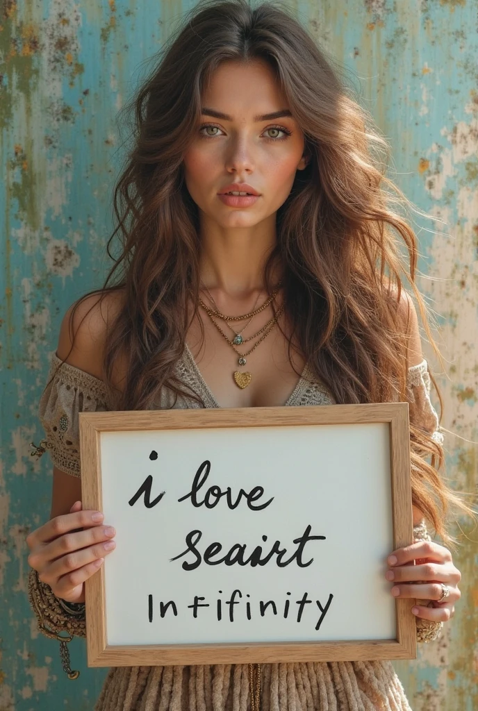 Beautiful girl with wavy long hair，Dressed in a bohemian style，Holding a whiteboard with the words &quot;I Love SeaArt Infinity&quot;，and show the audience