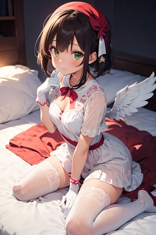 , 160 cm tall, beautiful, cute, shy expression. 1 female. Light brown hair. Yellow-green eyes. Short cut. Matching bangs. Short dress with white top and pink bottom folds, red ribbon on chest, lace around edges of dress. White over-knee socks. White panties. Pink beret with red ribbon at the back. Cute pink pumps. Warm lighting. Looking at the camera. Legs open. She is turning up her dress with her left hand. The woman's back has rounded wings. In her right hand, she is holding a lovely big magic wand with a big yellow star at the end of a long, thick, pink handle and small white wings on either side. Stylish white gloves with red ribbon. Colorful gradient background. Lying on the pale pink bed. Photo quality, high resolution. A masterpiece. Illustration.