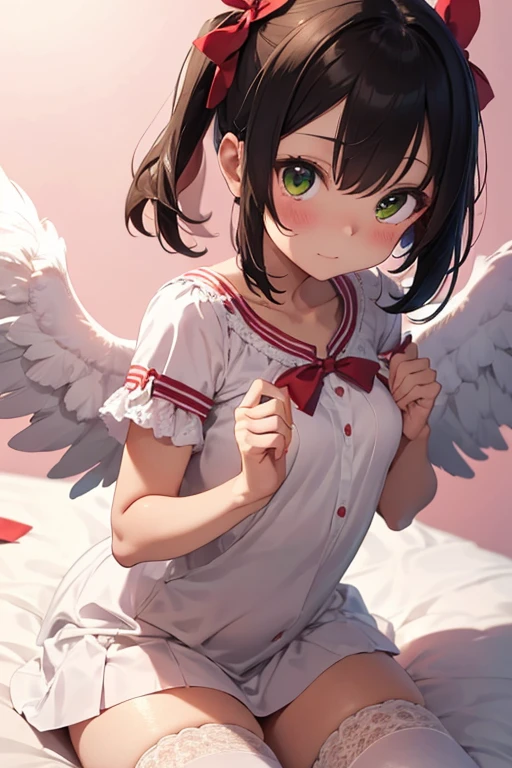 , 160 cm tall, beautiful, cute, shy expression. 1 female. Light brown hair. Yellow-green eyes. Short cut. Matching bangs. Short dress with white top and pink bottom folds, red ribbon on chest, lace around edges of dress. White over-knee socks. White panties. Pink beret with red ribbon at the back. Cute pink pumps. Warm lighting. Looking at the camera. Legs open. She is turning up her dress with her left hand. The woman's back has rounded wings. In her right hand, she is holding a lovely big magic wand with a big yellow star at the end of a long, thick, pink handle and small white wings on either side. Stylish white gloves with red ribbon. Colorful gradient background. Lying on the pale pink bed. Photo quality, high resolution. A masterpiece. Illustration.