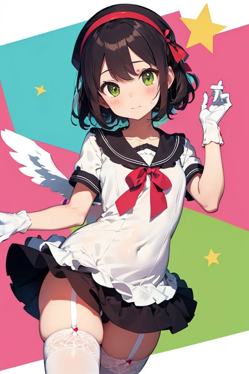 , 160 cm tall, beautiful, cute, shy expression. 1 female. Light brown hair. Yellow-green eyes. Short cut. Matching bangs. Short dress with white top and pink bottom folds, red ribbon on chest, lace around edges of dress. White over-knee socks. White panties. Pink beret with red ribbon at the back. Cute pink pumps. Warm lighting. Looking at the camera. Legs open. She is turning up her dress with her left hand. The woman's back has rounded wings. In her right hand, she is holding a lovely big magic wand with a big yellow star at the end of a long, thick, pink handle and small white wings on either side. Stylish white gloves with red ribbon. Colorful gradient background. Lying on the pale pink bed. Photo quality, high resolution. A masterpiece. Illustration.