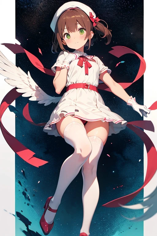 , 160 cm tall, beautiful, cute, shy expression. 1 female. Light brown hair. Yellow-green eyes. Short cut. Matching bangs. Short dress with white top and pink bottom folds, red ribbon on chest, lace around edges of dress. White over-knee socks. White panties. Pink beret with red ribbon at the back. Cute pink pumps. Warm lighting. Looking at the camera. Legs open. She is turning up her dress with her left hand. The woman's back has rounded wings. In her right hand, she is holding a lovely big magic wand with a big yellow star at the end of a long, thick, pink handle and small white wings on either side. Stylish white gloves with red ribbon. Colorful gradient background. Lying on the pale pink bed. Photo quality, high resolution. A masterpiece. Illustration.