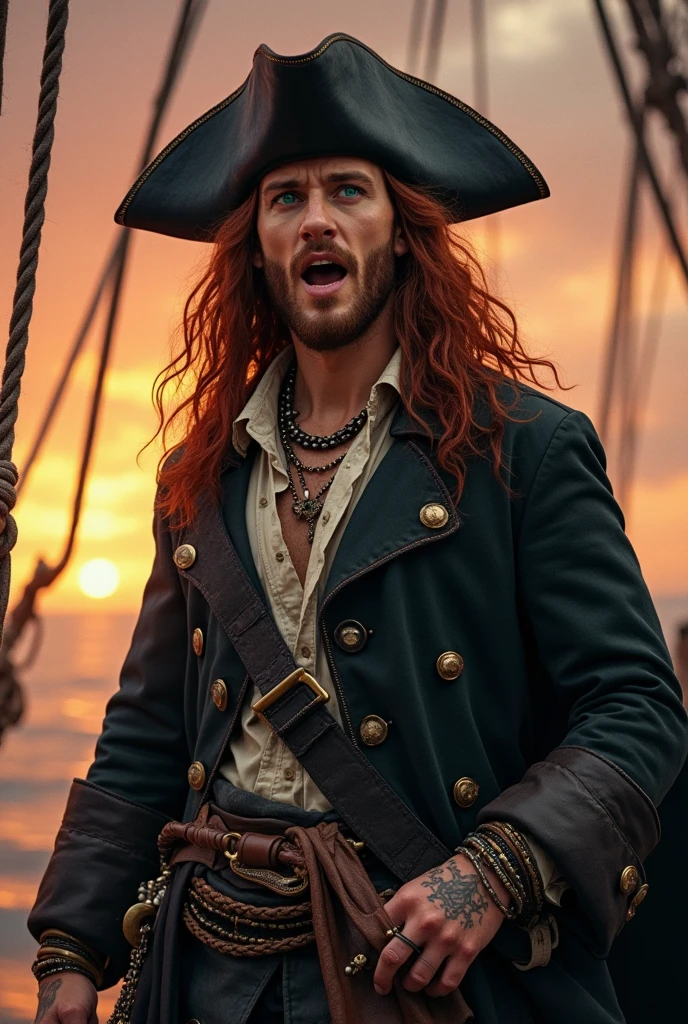 Generate the image of a pirate for a DnD campaign total body. A male pirate around 20 years old. He has mid length red curly hair, no facial hair. He’s wearing a leather trench coat, under the coat a soft shirt open, he’s wearing a belt with a red band, on the side he had two sabers and two XVI century guns. He’s wearing many bracelets and necklaces, he has many tattoo. He’s looking at his compass on the main mast of his ship during a storm