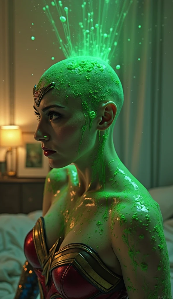 A Modern flat toon Crazy whit a Big ONE a Only Eye Robot and helmet Style, like Jayne Mansfield nude in Pink Yellow hair, camouflage Pink Light Green Rusty, Ambient in a meteorite crater super detailed, center, beautiful, soft lighting, focused on the character, 4K resolution, photorealistic rendering,