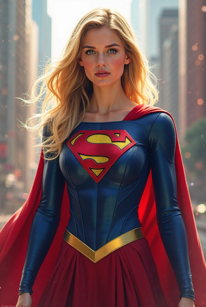 A SEXY AND BUSTY 17 YEAR OLD YOUNG TEEN GIRL WITH BLONDE HAIR DONE UP NICLEY, AND DAZLING BLUE SAPHIRE EYES, WEARING A SPANDEX 1984 BLUE SUPERGIRL COSTUME COMEPLETE WITH A LONG READ PLEATED SKIRT WITH A YELLOW SUPERGIRL BELT, A PAIR OF RED HEELED BOOTS WITH YELLOW TRIM, AND A LONG FLOWING RED CAPE WITH THE GOLD "S" EMBLEM. RED LIPSTICK, RED FINGERNAILS. INCREDIBLY DETAILED GLOWING SKIN, INCREDIBLEY DETAILED FACE, INCREDIDBLEY DETAILED CLOTHING, TEXTURED SKIN PORES, TEXTURED HAIR, 8K ABSURD RESOLUTION, MASTERPIECE. PHOTO REALSITIC, HYPER REALISTIC. MYSTICAL BACKGROUND. 16K RESOLUTION. PREFESSIONAL GRADE IMAGE.