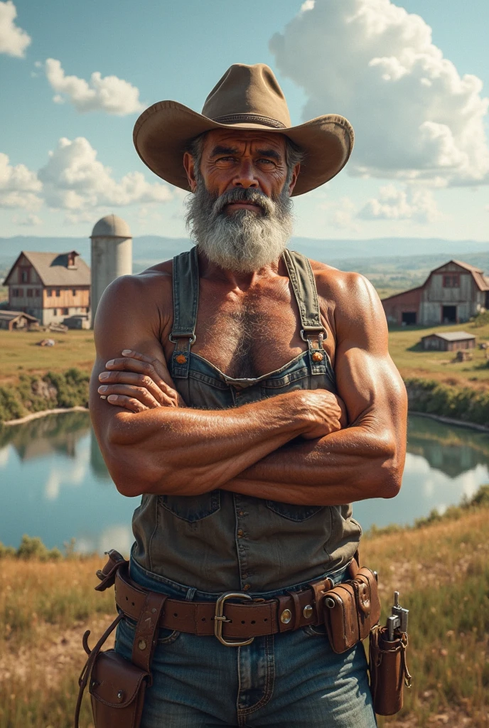 muscular, old man, farmer, topless