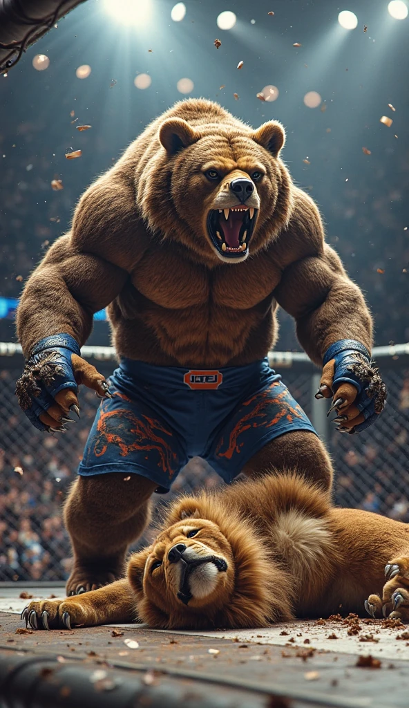Solo, 1boy, a huge muscular kodiak brown bear, extremely detailed brown fur, powerful pecs, beer belly, veins popping,red boxing gloves, black boxing pants with red line, flexing for boxing victory, masterpiece, 8k, ultra-detailed,realistic,photo-realistic,physically-based rendering,vivid colors