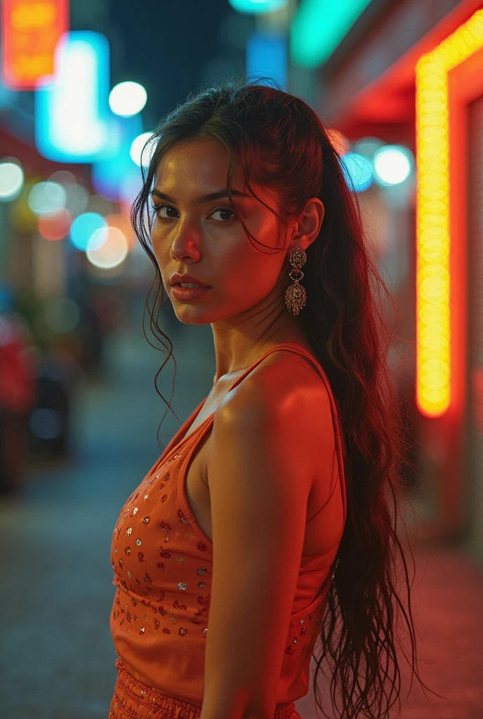 photo of a 32 years old (( malay girl)), RAW, beautiful woman, half-open strawberry lips, dimples, longing gaze, (extra long wavy brown hair), ((detailed face)), ((detailed facial features)), (finely detailed skin), pale skin, (detailed deep cleavage transparent deep v-neck dress),(Beautiful breast), ((high heels)), (kneeling pose on the street),((cyberpunk mega city environment)), (cold colors), damp, moist, reflections, (masterpiece) (perfect proportion)(realistic photo)(best quality) (detailed) photographed on a Canon EOS R5, 50mm lens, F/1,8, HDR, (8k) (wallpaper) (cinematic lighting) (dramatic lighting) (sharp focus) (intricate),((looking at camera)),(cowboy shot)