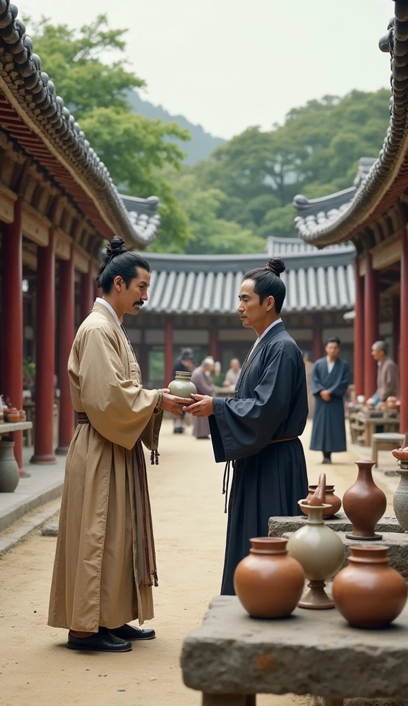 Koreans 150 years ago,ember,White costume,Clothes soiled with dirt,a picture,realisitic,male people,A battered and crumbling straw house,Smoking cigarettes with long kissels,