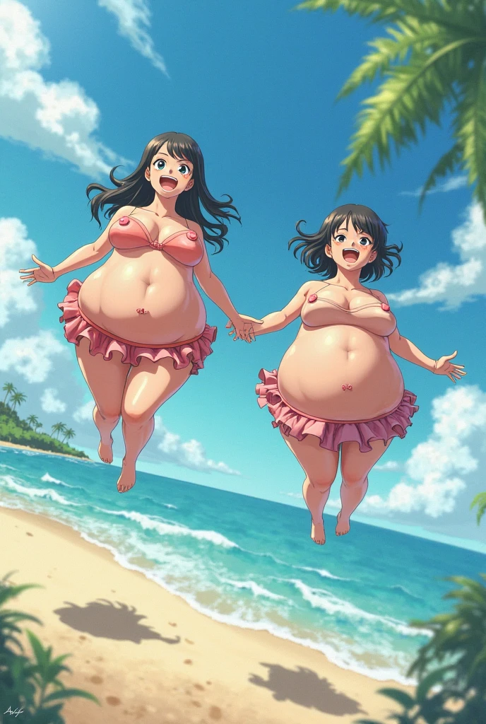 the entrance to a beach resort, two chubby girls on either side of entrance, very fat, large belly, massive thighs, tight clothes, gleeful smiling, standing next to a sign that says 'Opu Nui Beach & Resort', palm trees, beach,