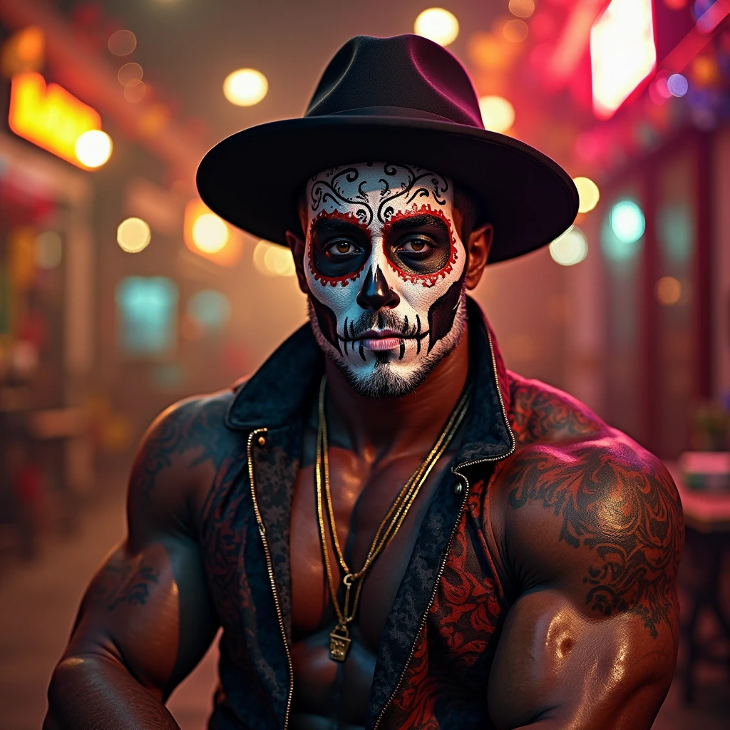 Seen up close, portrait, upper body shoot, Muscular and manly man, black beard, Tremendously huge muscular body, his face painted with skeleton makeup for a Day of the Dead parade, graveyard night background, Mexican traditional costume, open chset costume, Sombrero.