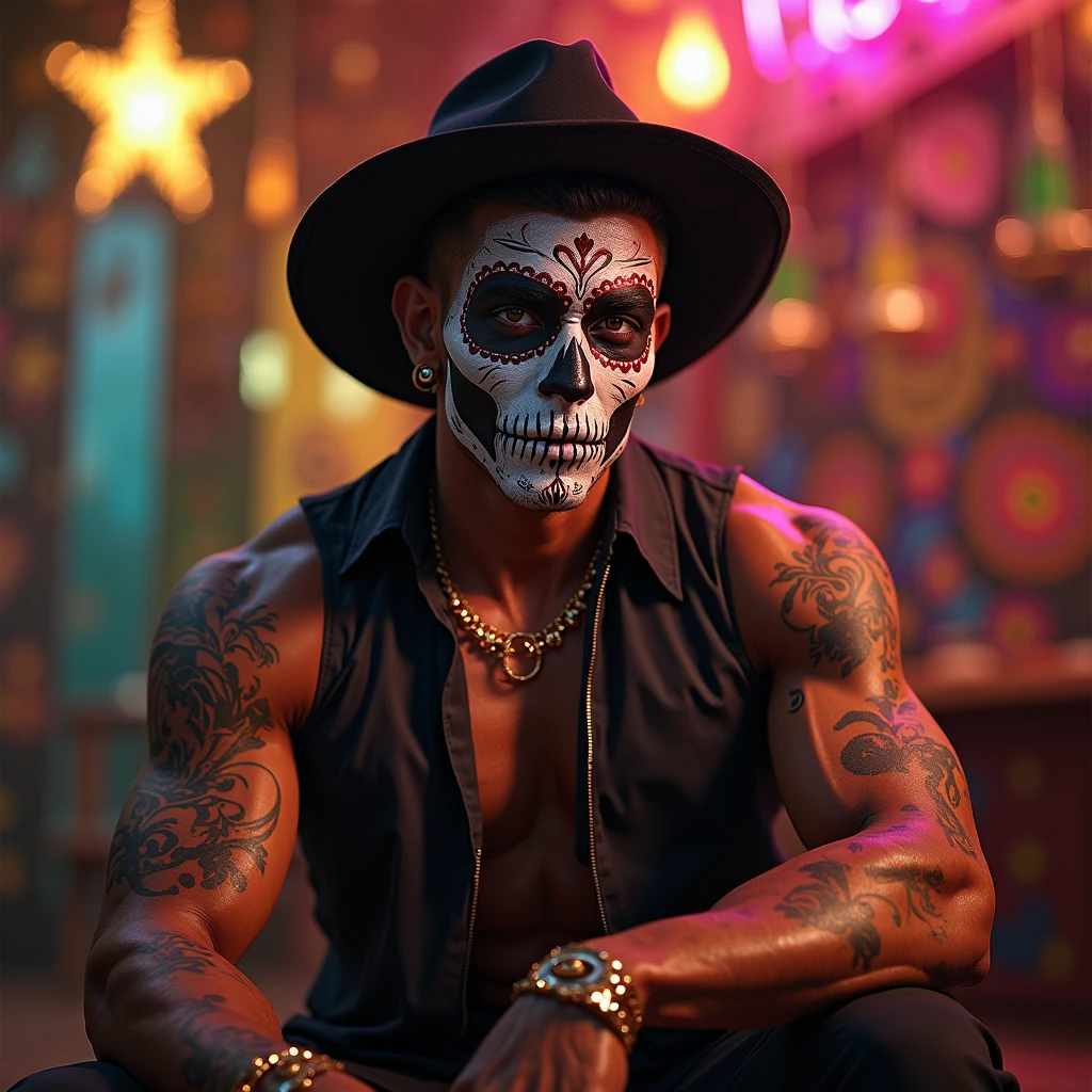 Tattod male model shaved head, pointy mustache, soul pach, tall, slim fit, on his knees, all tattoos blacked, screaming and Baron Samedi, scull painted face, purple suit and heat, standing with a botle of rum in his hand anc cigar in his mouth just looking in Louisians swamp