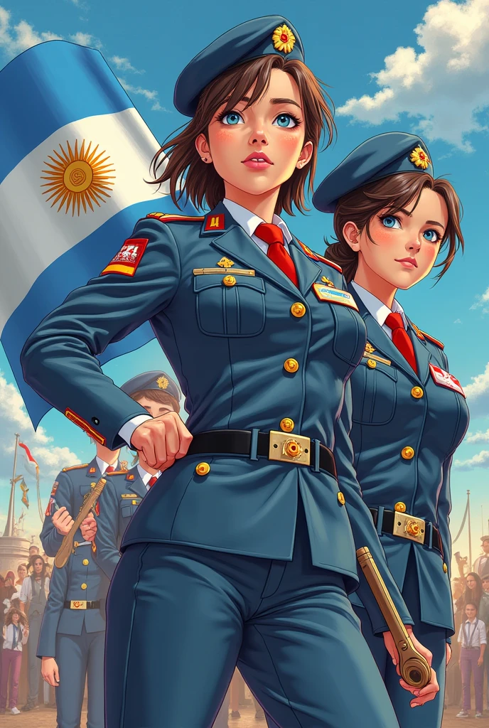 A woman and a Man celebrating. They are wearing a classic war uniform from the Mexican independence. The woman is a Mexican with light brown skin, black hair, pony tail. She is launching fire works. The man has short brown hair, light brown skin and he is cheering . They are dancing in front of a cathedral with fireworks in the background