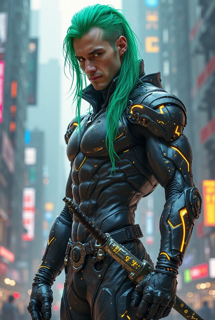 an awarded profesional photo of 1 man Zane "Techno-Warlock" McGregor (Cyberpunk): Zane McGregor, a notorious figure on the Neon streets of Nightfall City, is a techno-warlock of the digital realm. His head is adorned with electric-blue dreadlocks, extensions of his neural interface that flow like neon rivers, responsive to his emotional state. His facial features are sharp, with neon tattoos tracing circuit patterns along his cheekbones and forehead. His cybernetic eye, a mesmerizing azure, seems to pulse with the ebb and flow of code. His custom-designed tactical cyber-suit, constructed from reactive smart fabric, changes its color and appearance depending on his environment, making him nearly invisible in the neon-lit urban landscape. In the darkness, it emanates a faint, bioluminescent glow, a signal of his presence, and a warning to those who would cross paths with the enigmatic Techno-Warlock. with  Slender-Curvy - A lean body with pronounced curves.  , ultradetailed, intricated face,(face details:1.1),perfect eyes, ideal body posture,perfect body proportions, by jeremy mann, by sandra chevrier, by maciej kuciara,(masterpiece:1.2),(ultradetailed:1.1), ultrasharp, (perfect, body:1.1),(realistic:1.3),(real shadow:1.2), photo Fujifilm XT3, ,(perfect body proportions:1.1)<lyco:GoodHands-beta2:1>, intricated hands,(by Michelangelo),(profesional lights:1.3) (profesional photography:1.3), cowboy shot (character focus:1.1), depth of field, perfect hands, realistic shadows, realsitic lights, perfect quality, natural skin, skin marks, detailed hairstyle,  kkw-skin-det, photorealistic,  realistic ,perfect quality,best quality,ultrasharp,ultradetailed,perfect quality,masterpiece,intricated details,  full body shot  <lora:add_detail:0.4> hotify, <hypernet:sxzBloom_sxzBloom:0.4> , extremally detailed, , detailed skin, raw