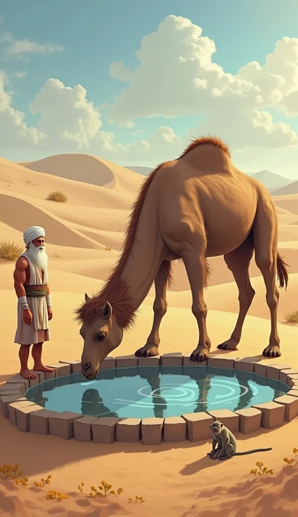 A shot showing a camel drinking from a well, with water flowing abundantly, while people stand scattered around it.