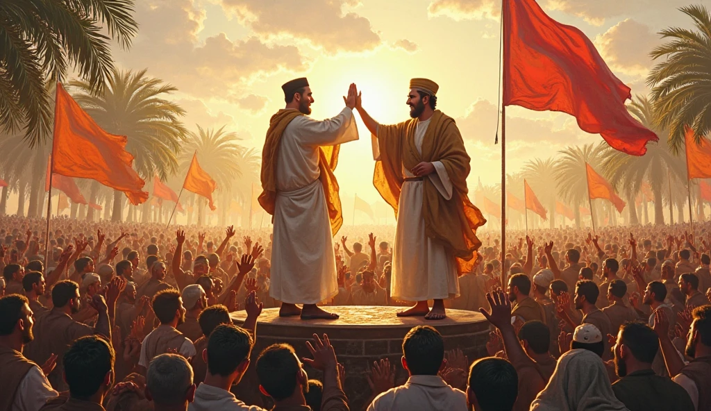 Picture of Indian Muslim and Hindu where both of them are holding things in their hands and are in excitement. (The scene behind will be of India )and (the leaders will be coming to kill them) and (the books will be saving them).