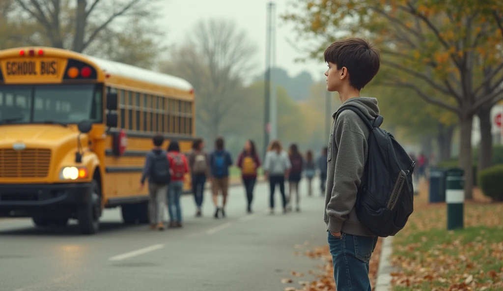 A middle school boy at a bus stop is facing away from his girlfriend who is getting on the bus, with a sad expression on his face.、The profile of my girlfriend seen through the window、Face from the front