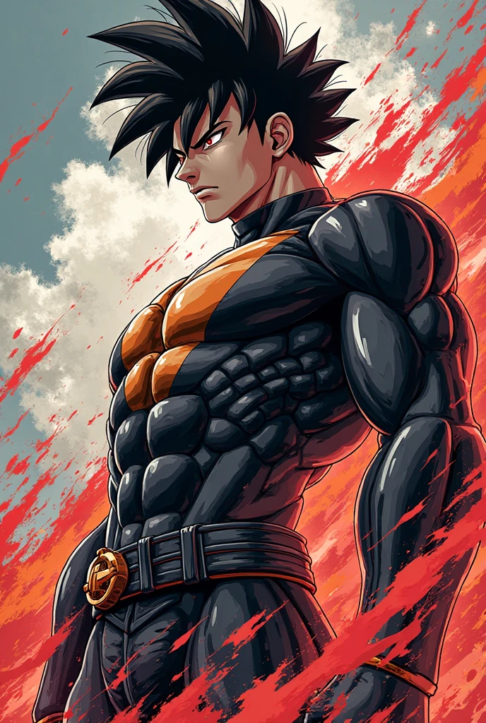 son Goku, longs cheveux blancs, seins nus avec une grande cicatrice de brûlure au milieu de la poitrine, portant un grand bracelet en bronze, pantalon foncé, ecchymose sur le corps, usure des oreilles