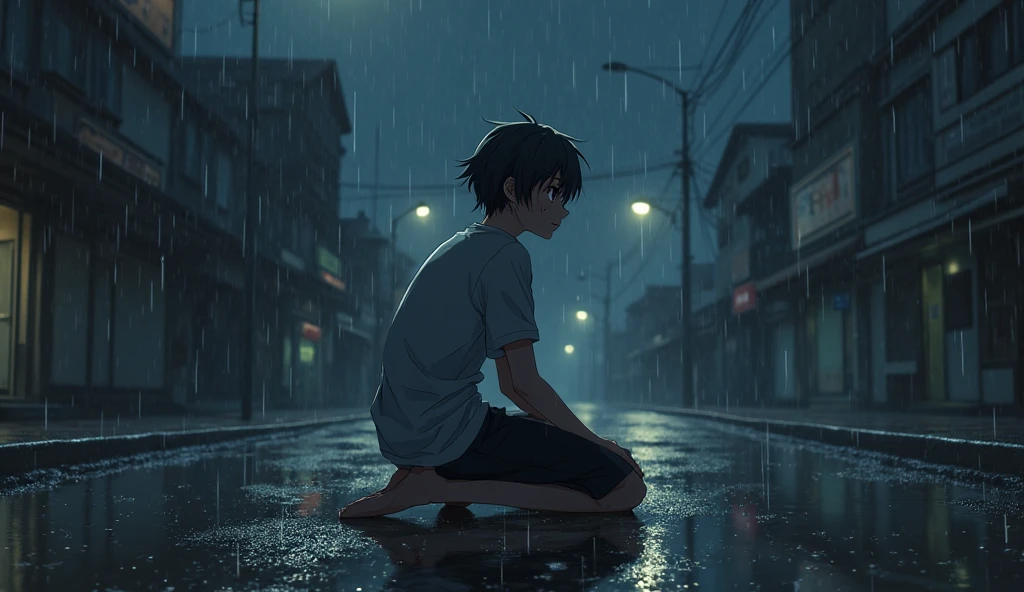 create a anime type image, sad boy sitting beside window , dark light, Shady room, raining outside