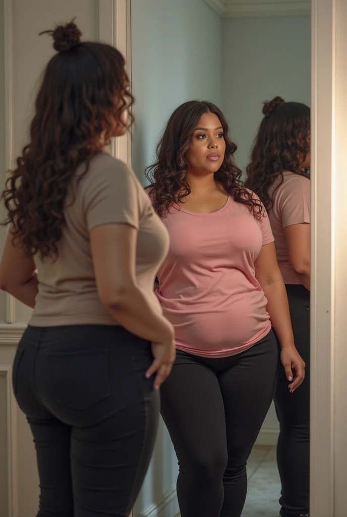 ((best qualityer)), (realisitic)), 1 woman facing forward looking in the mirror, obese woman, she has a crying face, with a tight red tank top and tight pants