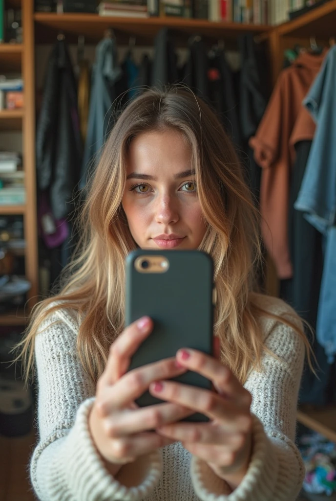 A young girl with a soft, tousled hairstyle featuring short brown hair with a slightly voluminous, unkempt look, giving it a casual and effortless appearance. She wears round, gold-rimmed glasses that cover part of her face, specifically her right eye, adding a vintage touch. Her face is partially obscured by a smartphone, which she holds up to take a mirror selfie. The phone has a light-colored, possibly transparent, case with various stickers and cards visible, giving it a personalized and artistic look. Her outfit includes a flannel shirt with a red, black, and white checkered pattern, which is loosely draped over her shoulders. A small, delicate ring is visible on her finger, and a silver necklace is around her neck, though details are partially obscured by the phone