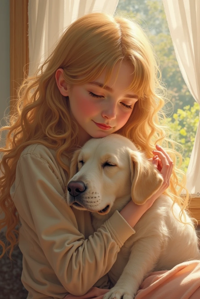 tall, athletically built 16 year old Irish girl with big brown puppy dog eyes and ringlets of light blonde curls posing for a photo with her cats