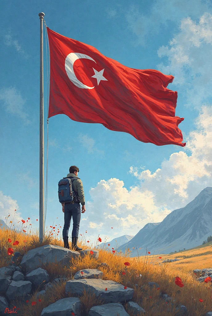 Draw an animation character with the Turkish flag in his right hand and let him be on top of the mountain. The man has a military outfit on and a Turkish flag on his outfit and an AK47 in his left hand.