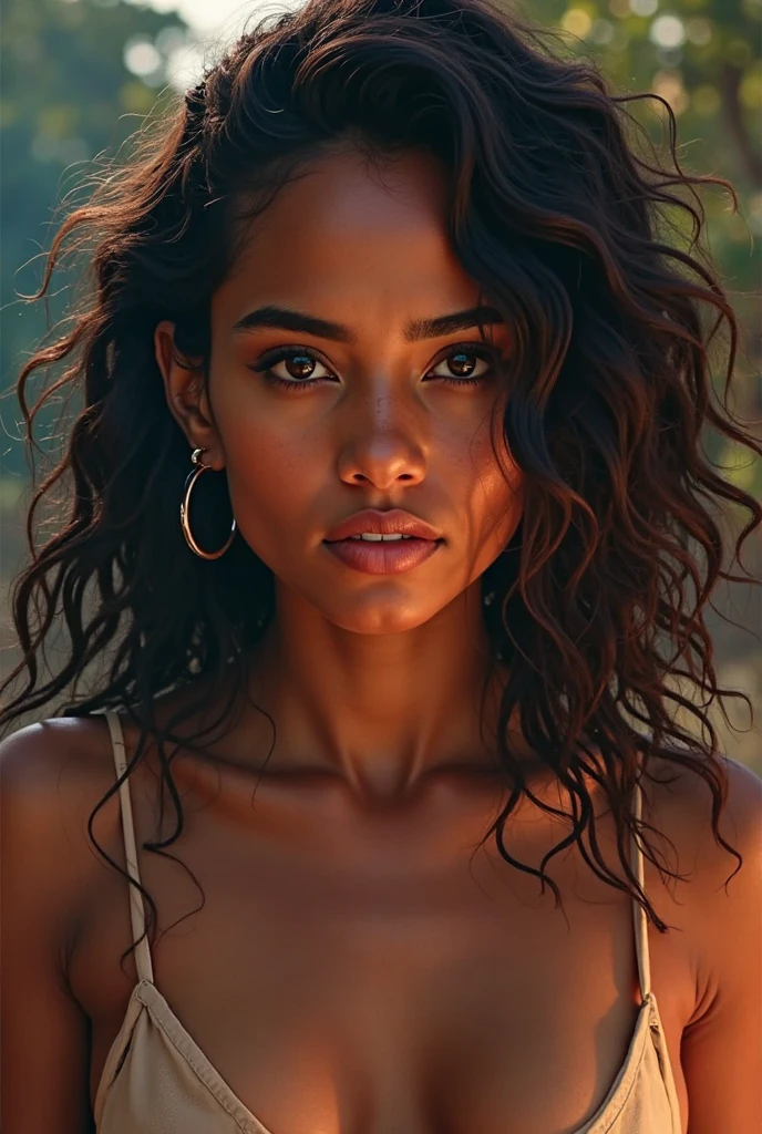Create the image of a woman with Eyes Large, dark and expressive. They are one of her most striking features and have been compared to those of a feline. Skin tone that tends towards golden and copper tones, their skin has an olive undertone, which means that it has a slight greenish tone that differentiates it from the more pink or yellow tones. Despite being a dark tone, her skin usually looks very uniform and luminous, which gives it a warm and luminous appearance. Due to her indigenous ancestry and their lifestyle,she has a natural tan that further enhances the beauty of her skin, characteristic of her indigenous Wayúu ancestry. Her skin usually has a healthy glow. Her lips are full and sensual, with a well-defined contour. Her hair is abundant and dark, combed in styles that highlight her natural texture, such as long and loose, framing her face. Her features are strong and defined, with high cheekbones and a prominent nose that give her an exotic and memorable appearance. She is tall and slender, which makes her an imposing figure on screen. She is on the beach naked only using a net bathing suit cover up