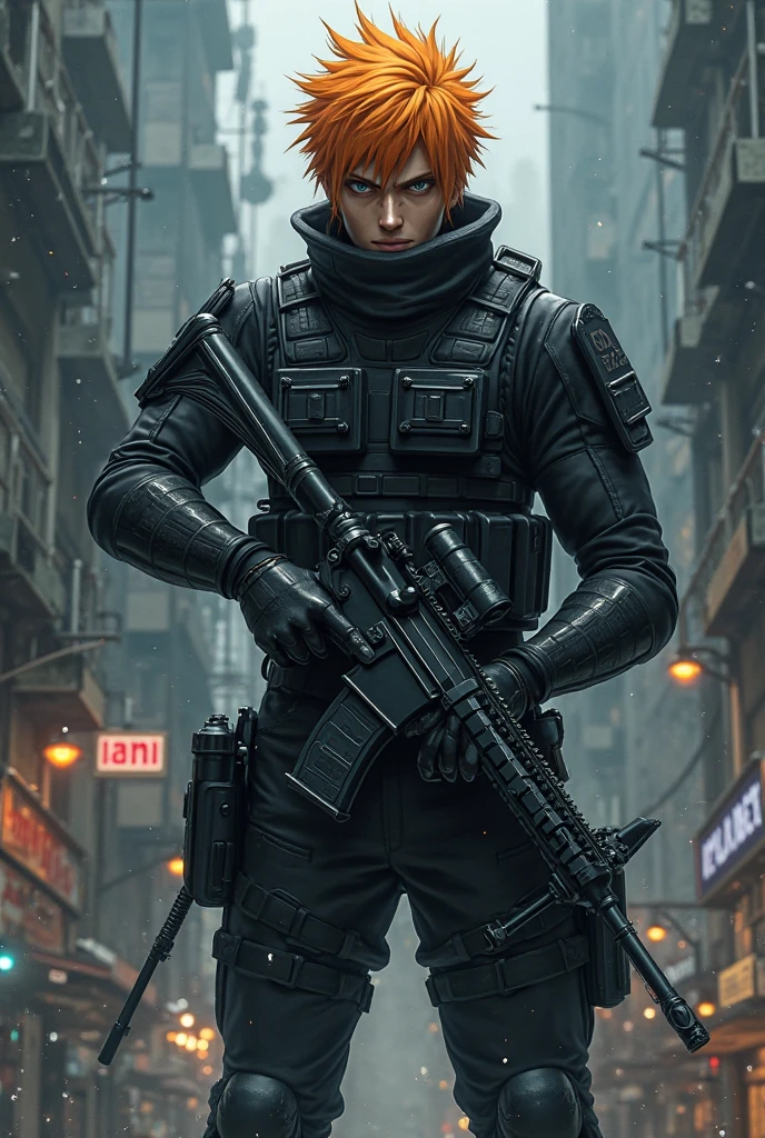 Ichigo Kurosaki wearing a SWAT suit and an M4A1 gun in his hands next to a katana around his waist 