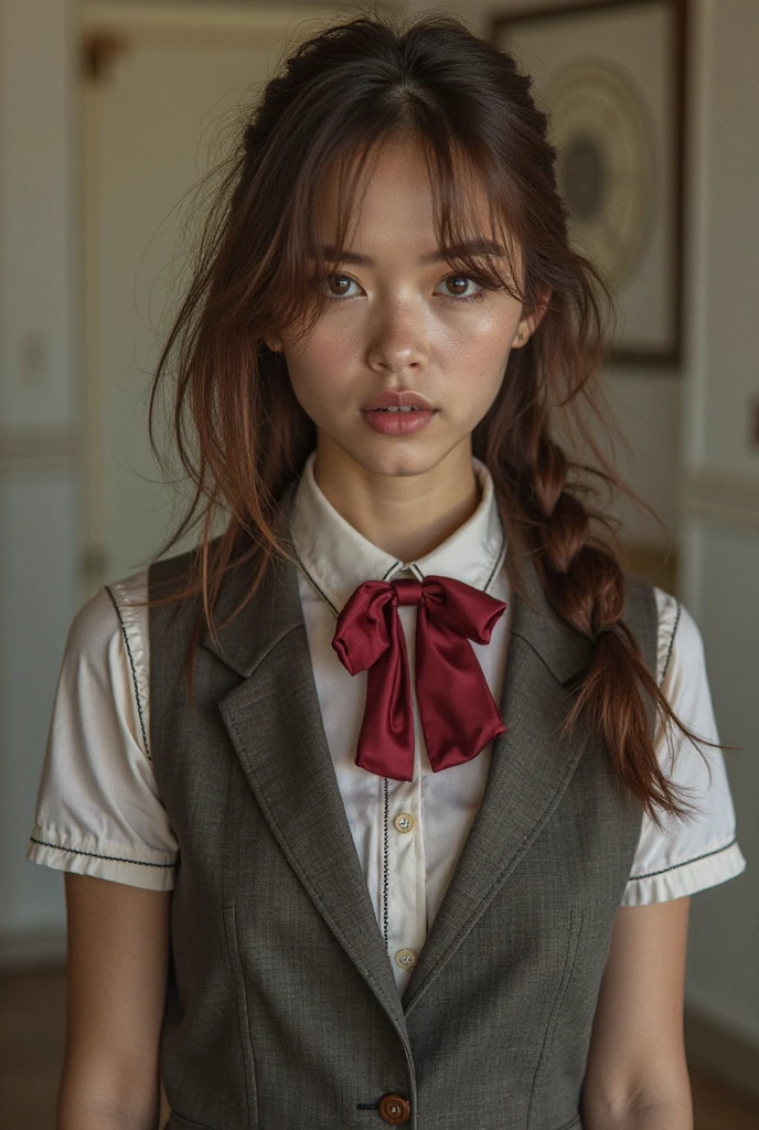 (8k, RAW photo, masterpiece, best quality, realistic:1.4), makima \(chainsaw man\), (red hair)+(long braided hair)+(bangs), yellow eyes, golden eyes, (ringed eyes), ((asian)), (white shirt), (necktie), tied up bangs, stare, smile, (evil:1.2), medium long shot, looking at viewers,