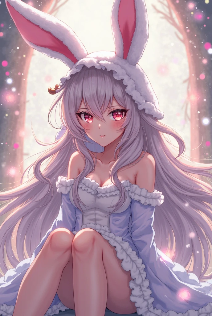 funny furry images, super deformed character, best quality, super fine, 16k, incredibly absurdres, extremely detailed, cute anthropomorphized rabbit beast-woman, wearing loose and fluffy dress, loose and fluffy sweater, loose and fluffy long skirt, dull ivory and khaki color, hiding in the bushes of the grassland, peeking out, BREAK , background variety of visual styles that combine various artistic elements like a sparkling iridescent pastel and vivid colors