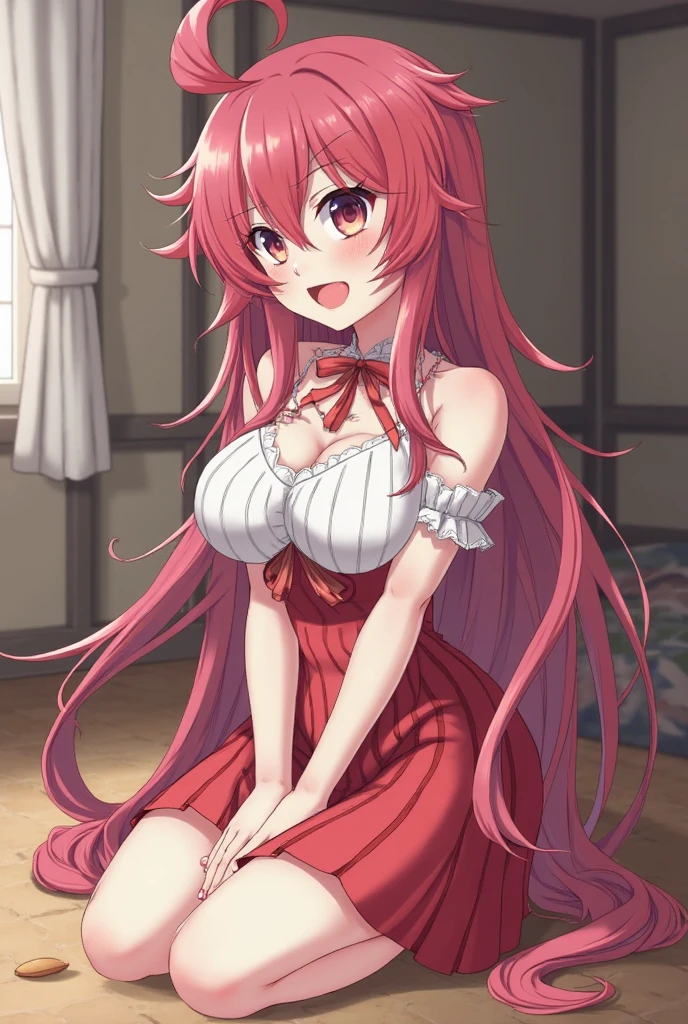 Red dress, ball gown dress, long dress, gigantic breasts, 1girl, solo, long hair, blush, hair ornament, hair between eyes, purple eyes, pink hair, braid, bedroom, hair flower, cute, looking at viewer,