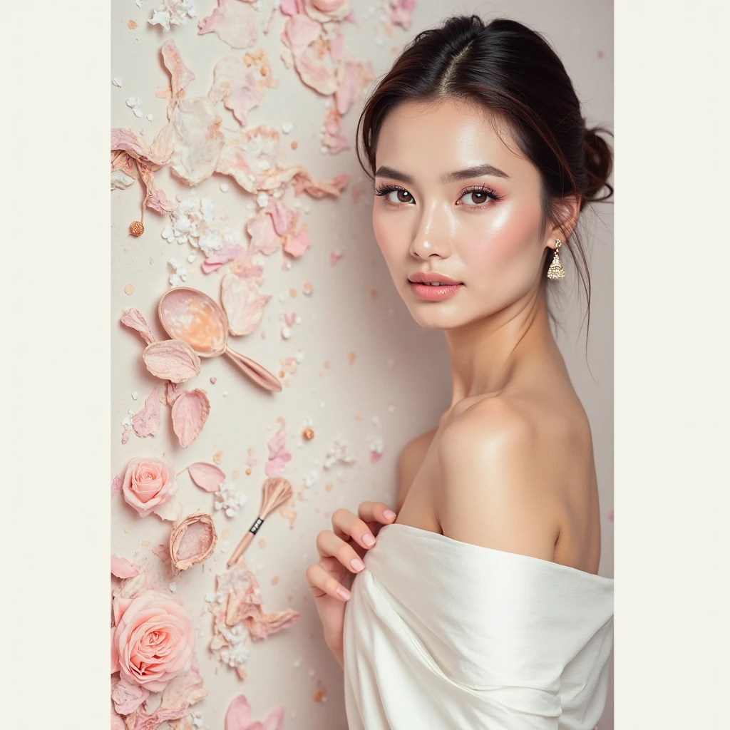 (photorealism:1.2), art woman, fancy flower art hair, relaxed pose, realistic, intricate details, long nail art, advertisement, white background