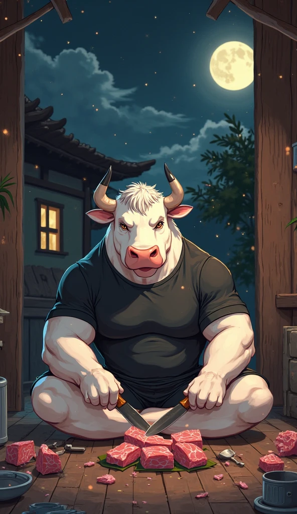 Fat male Rhinoceros, full sleeve colorful tattoos on both arms, torso covered in colorful tattoos, small ponytail, mid 40s, naked, black pants, no shirt, doing pottery