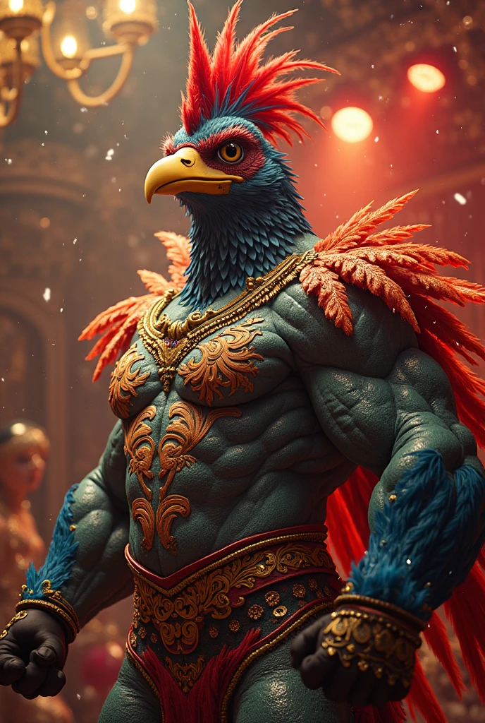 feliz guerrero divertido a muscular bird-headed humanoid,1girl,feathered head and beak,intense colorful muscles,vibrant feathers,photorealistic,highly detailed,cinematic lighting,dynamic pose,fantasy character,digital art,concept art,octane render