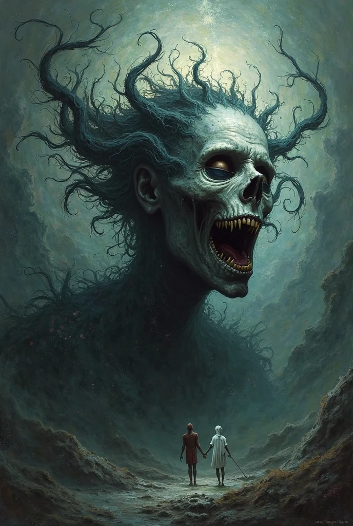 Face fitting all the canvas composed a world like a crazy dream on wastelands beyond fantasy, horror movie scene, dark deep blue and golden yellow, 4D, 8K, photorealistic, dreamlike, fantastic creatures on big and complex composition storytelling, masterpiece, artwork by Beksinski, artwork by Bernie Wrightson, artwork by René Magrite, Surrealism, Impressionism