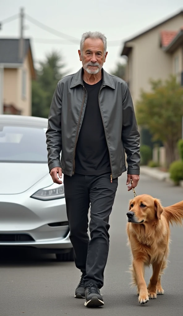 A full-length man, 30 years, platinum blonde hair, very handsome, he is wearing a white top, dark blue sports pants and Adidas sneakers and sunglasses. Next to him is a Corgi dog in gray white with a pink collar. And next to him is a red cat with a pink collar. Nearby is a blue Tesla car