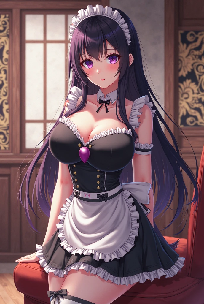2d, masterpiece, best quality, anime, highly detailed, cowboy shot, 1girl, solo, yuri, purple eyes, purple hair, long hair, hairclip, [[busty breasts showing]], sexy black and white maid outfit , maid hairband, standing, own hands together, classroom, nipples showing, breasts showing, sexy 