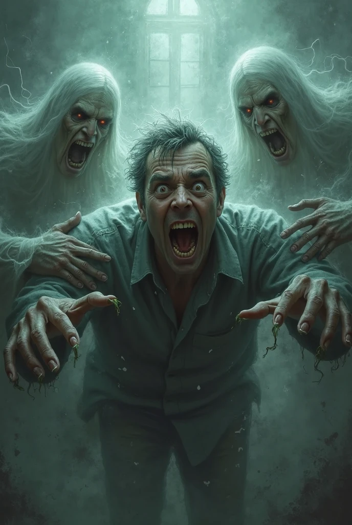 A terrified prisoner gripping a walkie-talkie in his trembling hand, his face contorted in fear. Behind him, a massive, grotesque horror looms, its monstrous form partially obscured by thick shadows. The walls of the prison cell are smeared with blood and grime, adding to the overwhelming sense of dread. The atmosphere is dark, gloomy, and filled with a creeping sense of terror. Style: horror, creepy, nasty. The scene is drenched in deep reds and blacks, with harsh lighting that accentuates the blood and terror. High detail and resolution