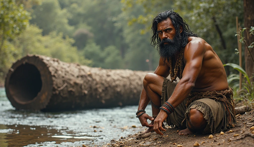 hombre primitivo head on, brown skin color,head on, smoking tobacco on the bank of a river in the jungle, long hair, athletic body, naked and bent over