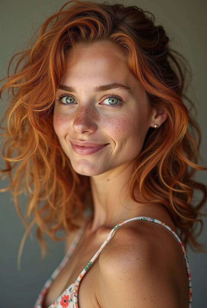 A 50-year-old mom with long, wavy red hair, freckles, a large chest, a face with fine features and texture, slight wrinkles typical of a 50-year-old woman, and a very realistic face.