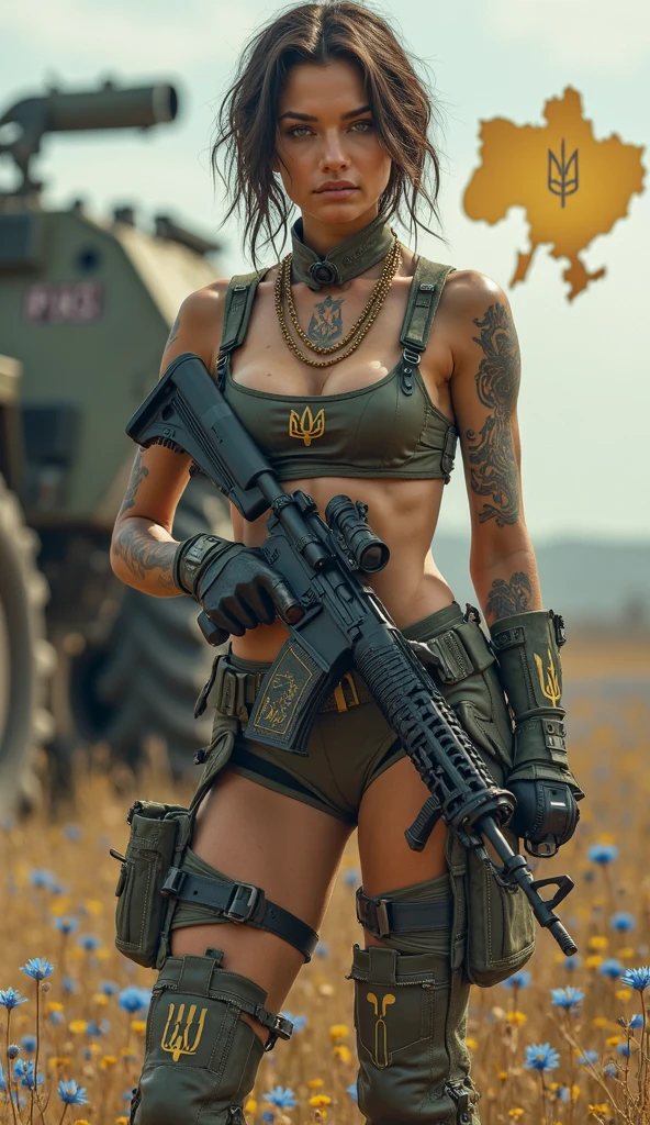 Unreal Engine:1.4,Ultra-realistic 64K CG, Photorealista:1.4, Skin Texture:1.4, Top 1 girls in bikinis ,japanes, , Colossal tits, Gatling gun, Shell casing, Looking at Viewer, Bangs, ammunition belt, gloves,opening fire,in the picture, A beautiful girl with short black hair wearing a bikini appears..,The delicate face of,wearing a black bikini metal,standing on the ruins,The behavior of a woman with a heavy sniper rifle in her hands,cle beige dress, Army Chain,War Jet DSLR background, F/2.8, 5D, 16 K, Hyper-Resolution . Realistic style, key visual, Vibrant,, Normal display, Realistic, Camouflage costumes, soldier, Stripes of camouflage makeup on her face at an angle of 45 degrees, Tough Broad,