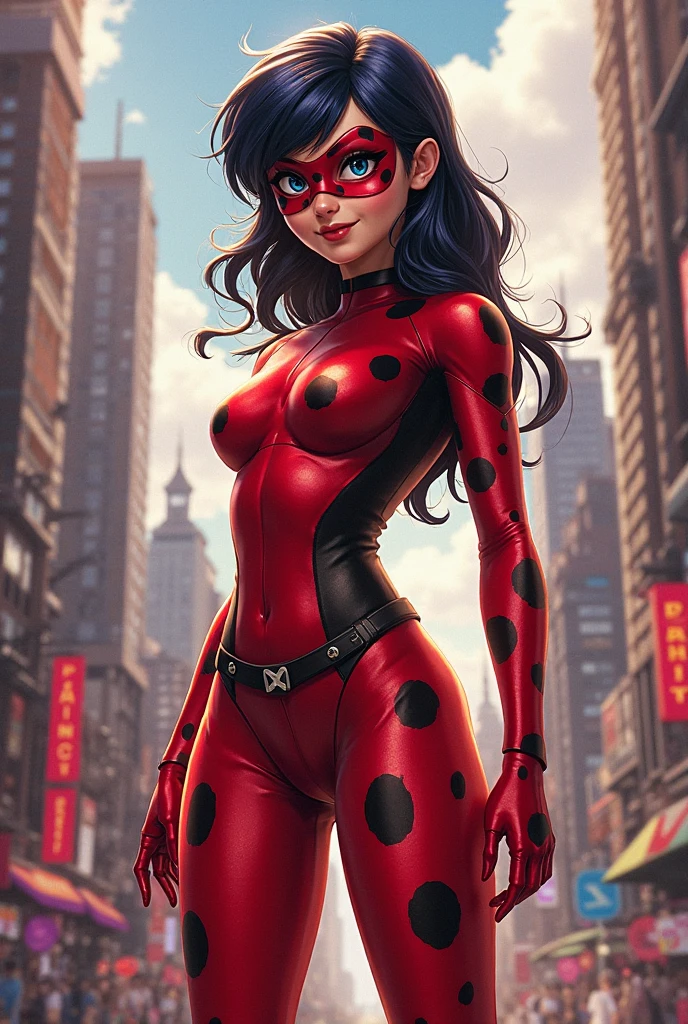 Ladybug with the rabbit and horse miraculous with long blue-black pigtail hair with two blue streaks 