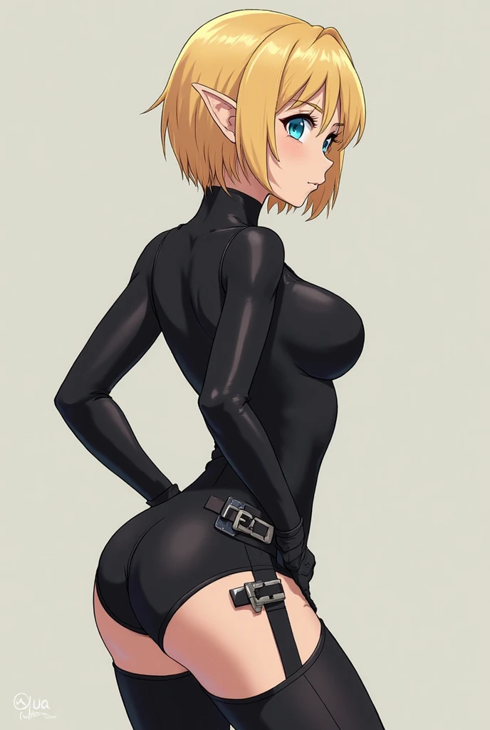 highest quality, High resolution, AND18, 1 girl, android 18, alone, golden hair, blue eyes, short hair,earrings,big breasts, frown,troubled face, Sweat,1 girl, Black tight suit, streak,looking at the viewer,backwards,thrust one&#39;s butt at the viewer