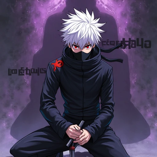 Anime style character with spiky white hair and visible red eyes, wearing a black ninja outfit and face mask, holding a kunai knife in a combat-ready pose. The background is dark purple with a shadowy duplicate of the character behind him and the words "UNSTOPPABLE" and "CHAHA" faintly visible in bold letters. The character has a red symbol on his shoulder and a serious expression, highly detailed with clean line art and subtle shading, stylized like Naruto anime characters., anime style, vibrant colors, studio ghibli inspired, cinematic, Japanese animation