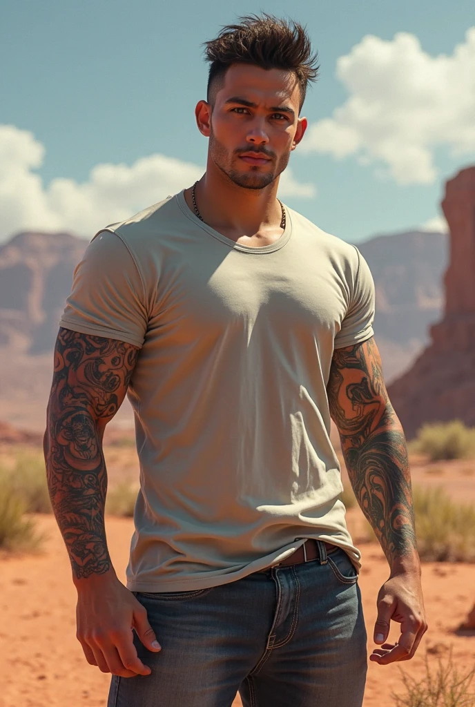 shirtless sweat-drenched 21-year old short black hair caucasian male, tattered jeans, sneakers, dripping with sweat, running in the desert 