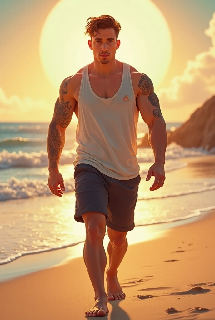 (Create a masterpiece: 1.2),(CGI art:1.3),(realistic:1.5),(After processing:1.3), (Sharp focus:1.3), 1 man, open mouth, smile, (Navy blue round neck shirt), Navy cargo pants, Korean guy , korean men, (High gloss details), chest muscles, large arm muscles, blood vessel, Big muscles, Broad shoulders, looking at the audience, Balancing the eyes, Seaside, beach, sunlight, running towards the camera
